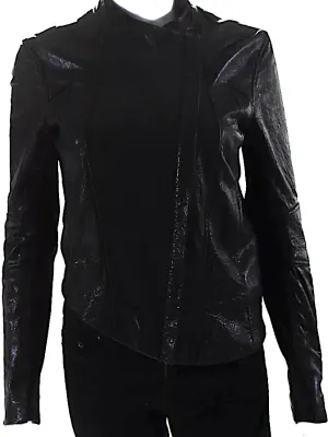 Helmut Lang NY. Black Leather Front Zip Crew Neck Leather Jacket