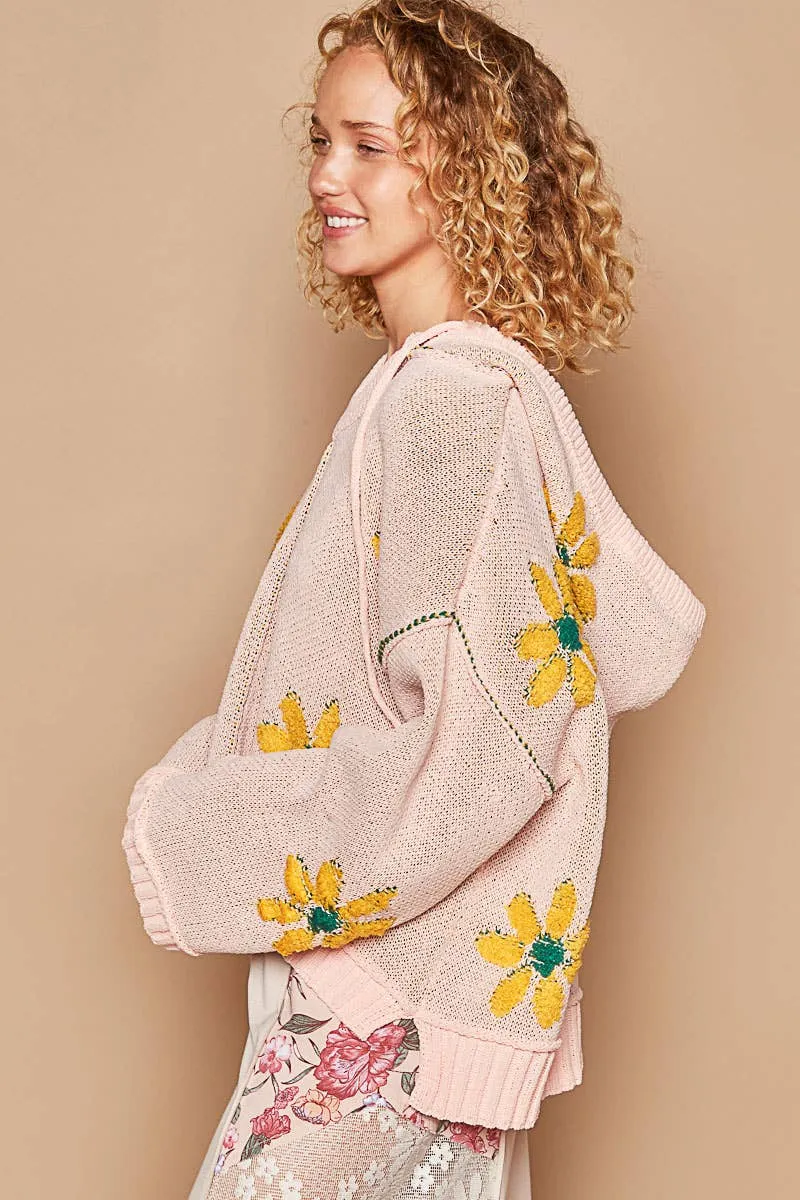 Hooded v-neck floral pattern ribbed openings sweater: Pink Mojito
