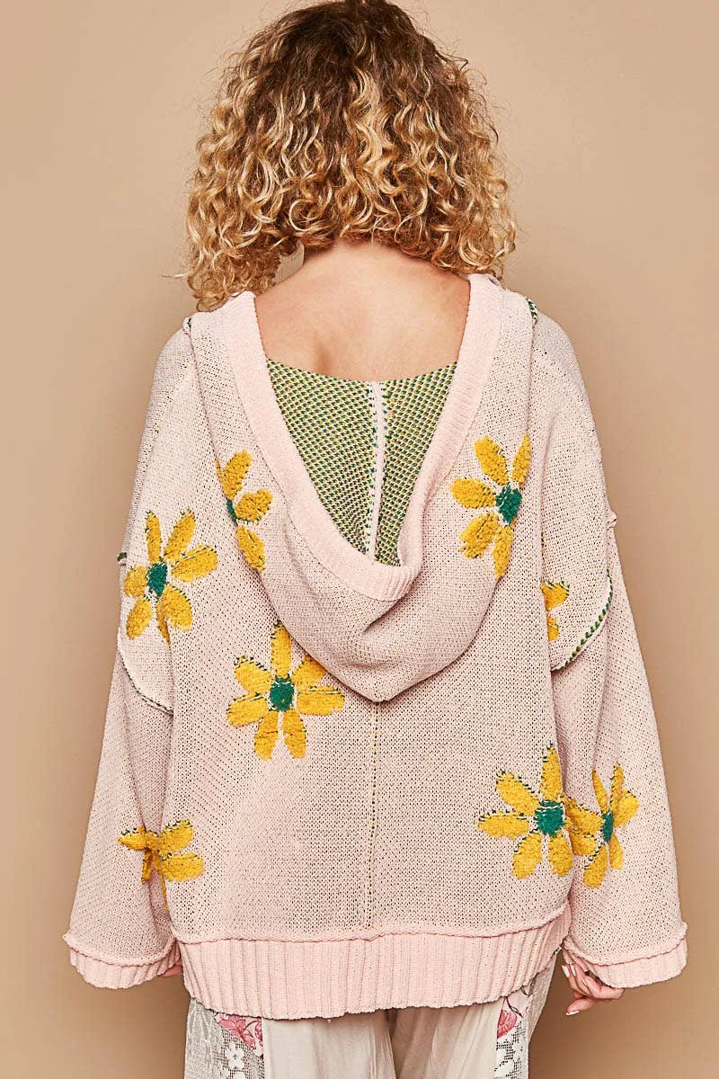 Hooded v-neck floral pattern ribbed openings sweater: Pink Mojito