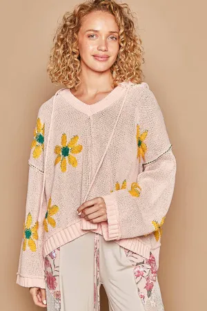 Hooded v-neck floral pattern ribbed openings sweater: Pink Mojito