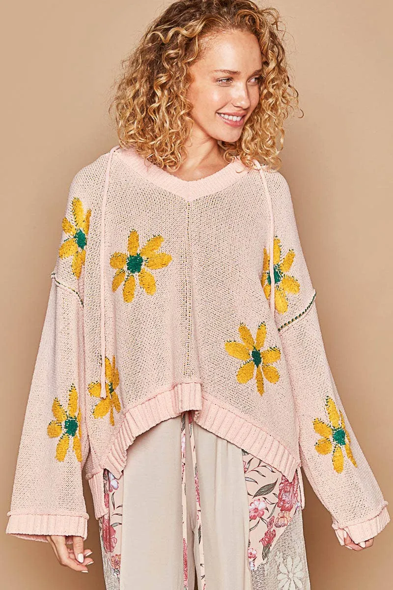 Hooded v-neck floral pattern ribbed openings sweater: Pink Mojito