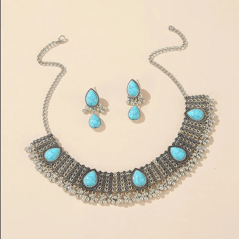 Indian Jhumka Earrings Necklaces Jewelry Sets for Women Bohemian Oxidized Silver Color Water Drop Bells Tassel Jewelry Sets