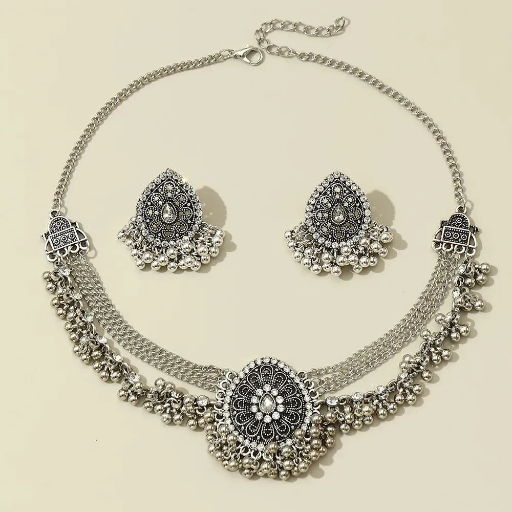 Indian Jhumka Earrings Necklaces Jewelry Sets for Women Bohemian Oxidized Silver Color Water Drop Bells Tassel Jewelry Sets