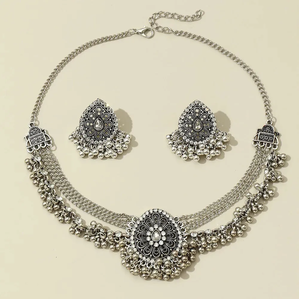 Indian Jhumka Earrings Necklaces Jewelry Sets for Women Bohemian Oxidized Silver Color Water Drop Bells Tassel Jewelry Sets