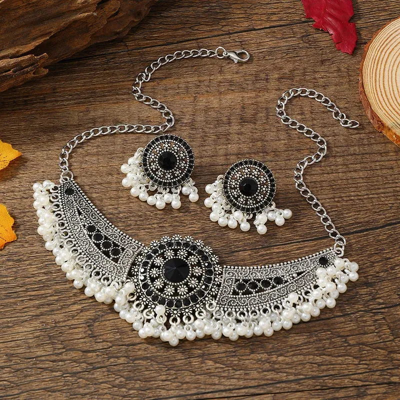 Indian Jhumka Earrings Necklaces Jewelry Sets for Women Bohemian Oxidized Silver Color Water Drop Bells Tassel Jewelry Sets