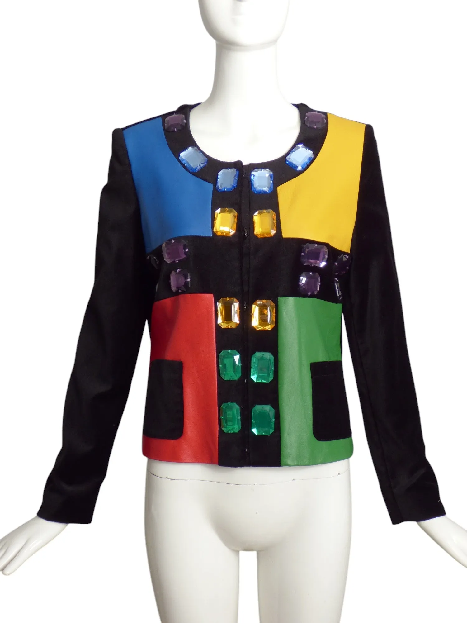 JC DE CASTELBAJAC- Rhinestone Leather & Velvet Jacket, Size 8