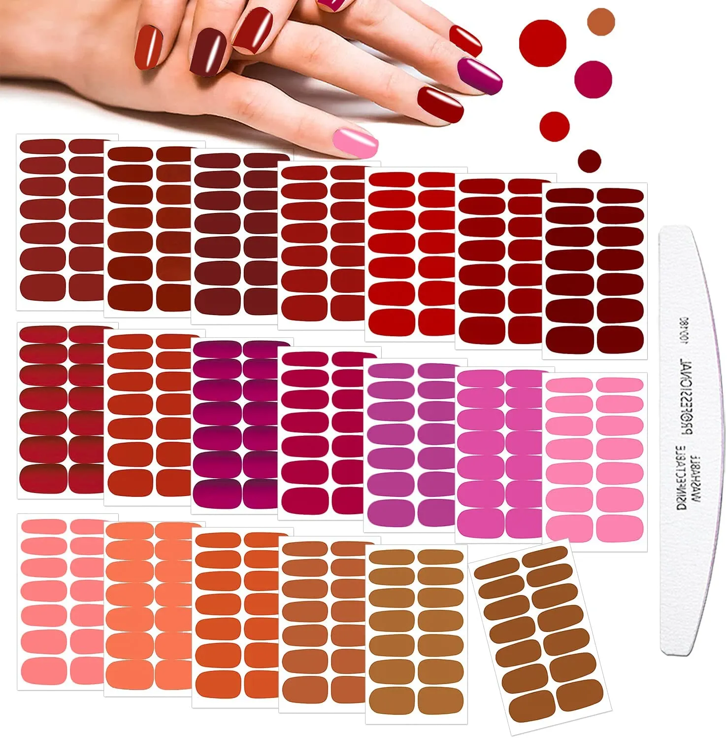 JERCLITY 280 Pieces 20 Sheets Red Solid Color Full Nail Stickers Nail Polish Strips Stickers Full Nail Wraps Self Adhesive Nail Art Decal Strips with Nail File for Women Girls DIY Nail Art
