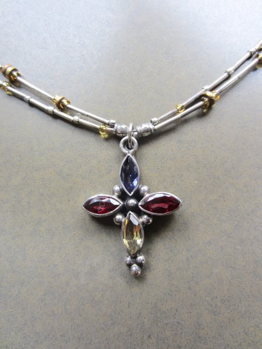Jeweled Cross on Double Strand Sterling Choker