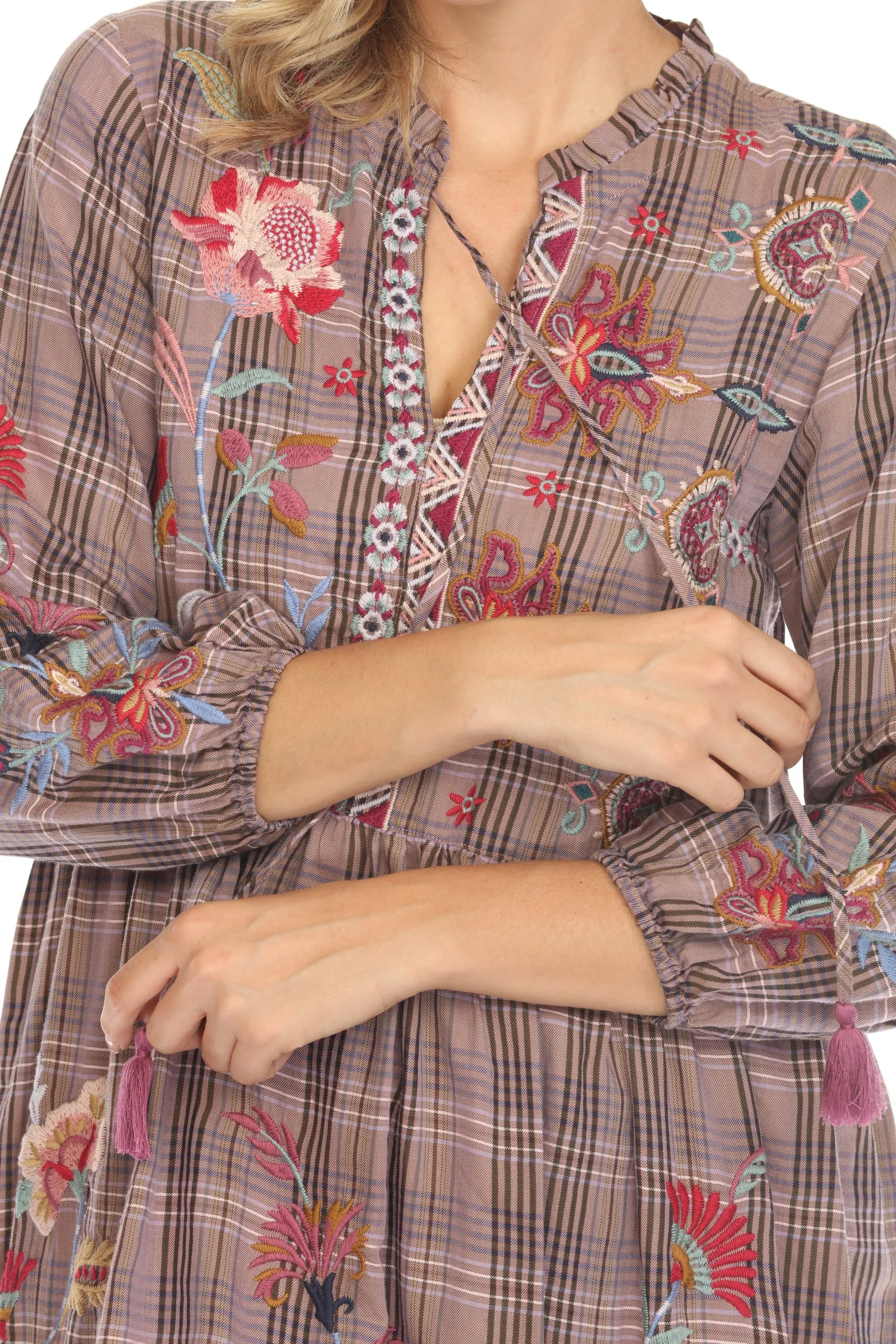 Johnny Was Workshop Plaid Garnet Field Mini Dress W30723 Boho Chic