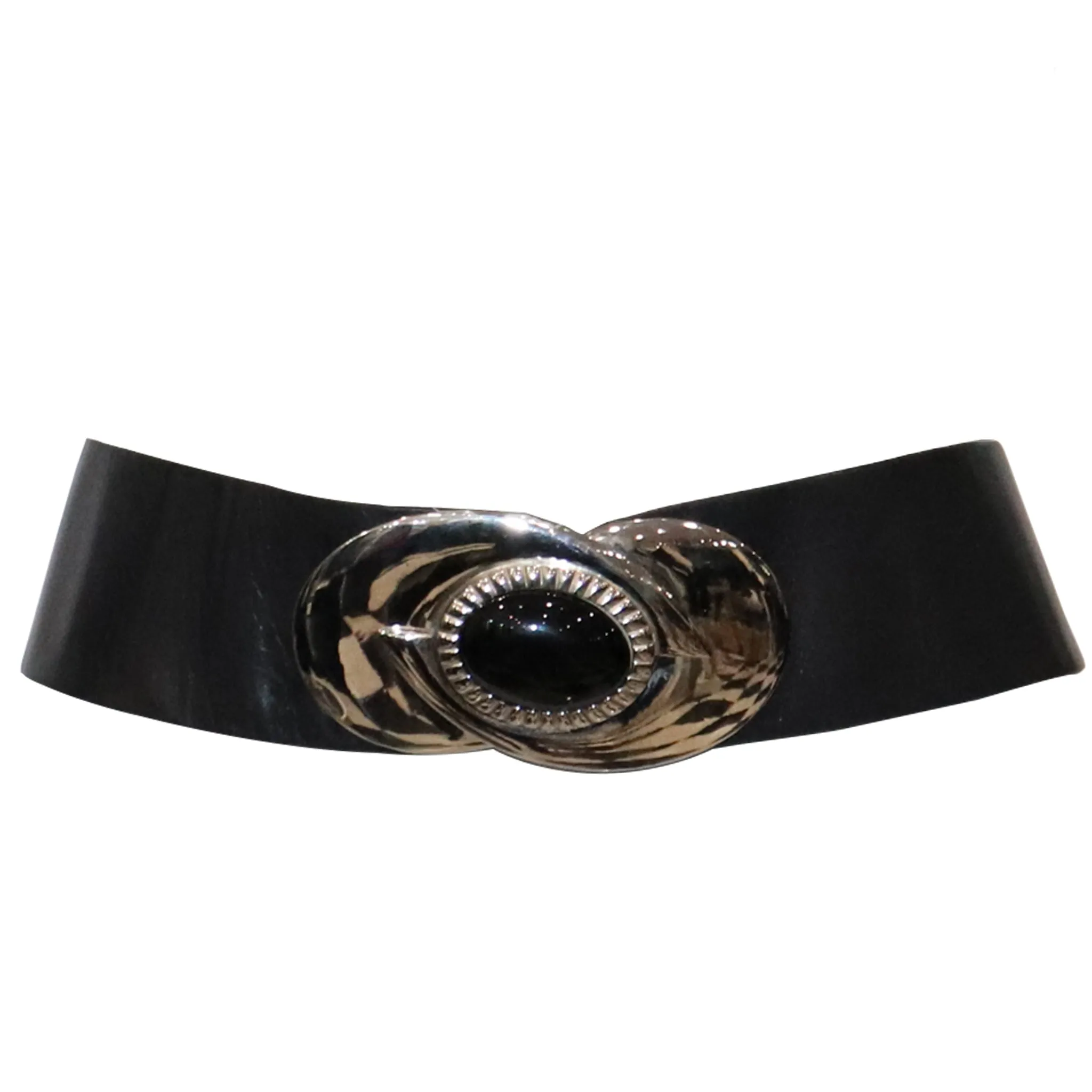 Judith Leiber Black Wide Leather Belt W/ Silver Hardware