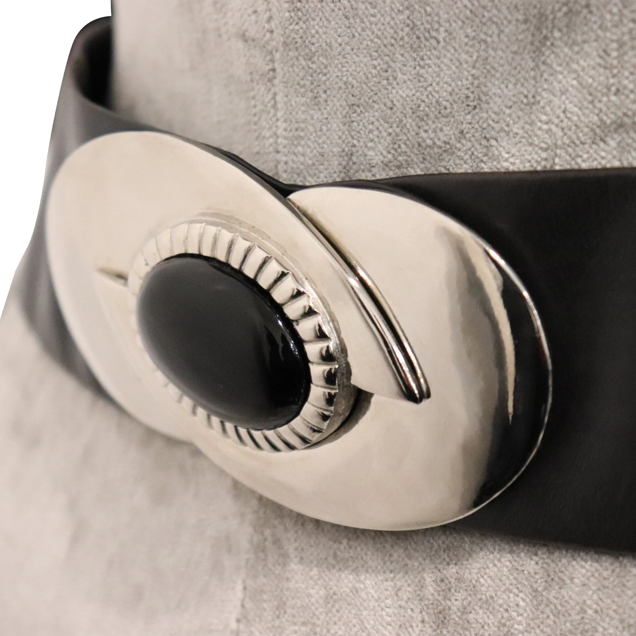 Judith Leiber Black Wide Leather Belt W/ Silver Hardware