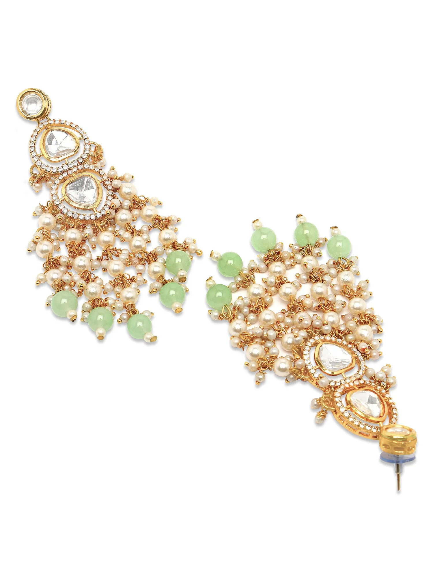 Karatcart Gold Plated Polki Kundan Light Green Beads Drop Earrings for Women