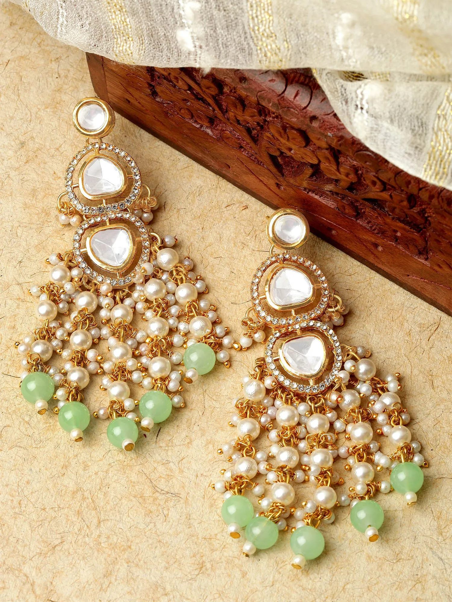 Karatcart Gold Plated Polki Kundan Light Green Beads Drop Earrings for Women