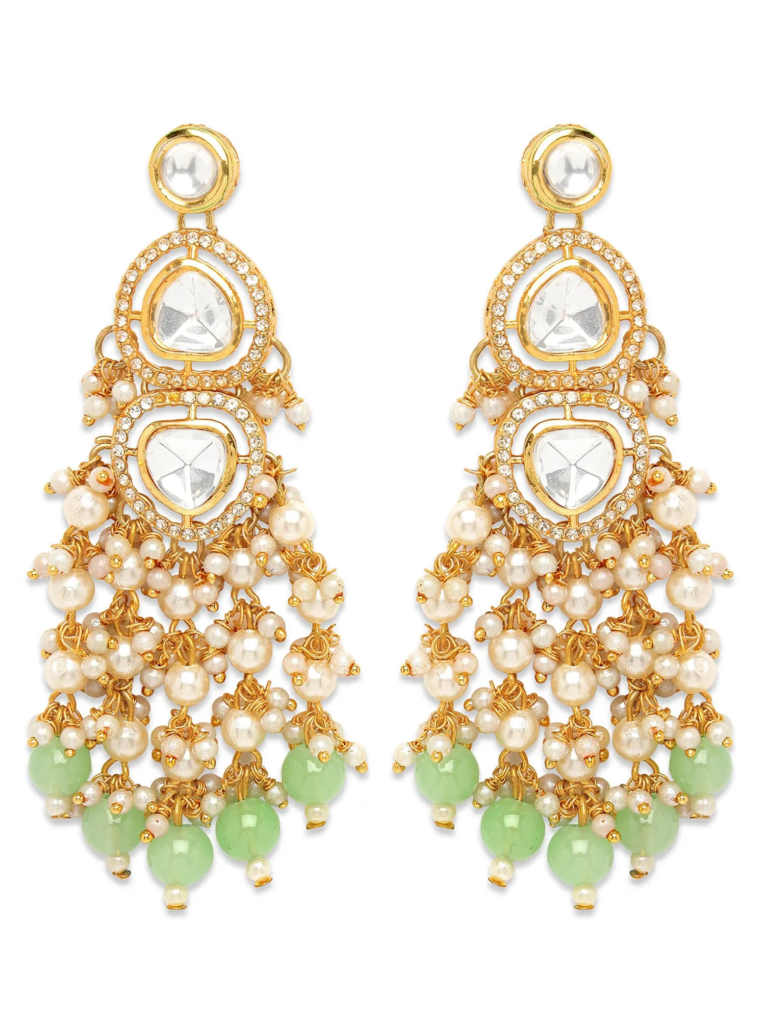 Karatcart Gold Plated Polki Kundan Light Green Beads Drop Earrings for Women