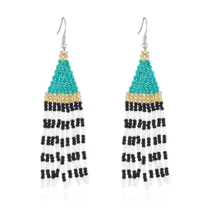 Lake Blue & Black Howlite Stripe Tassel Drop Earrings