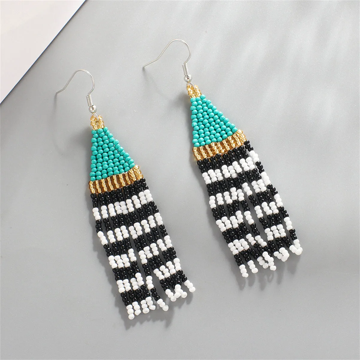 Lake Blue & Black Howlite Stripe Tassel Drop Earrings