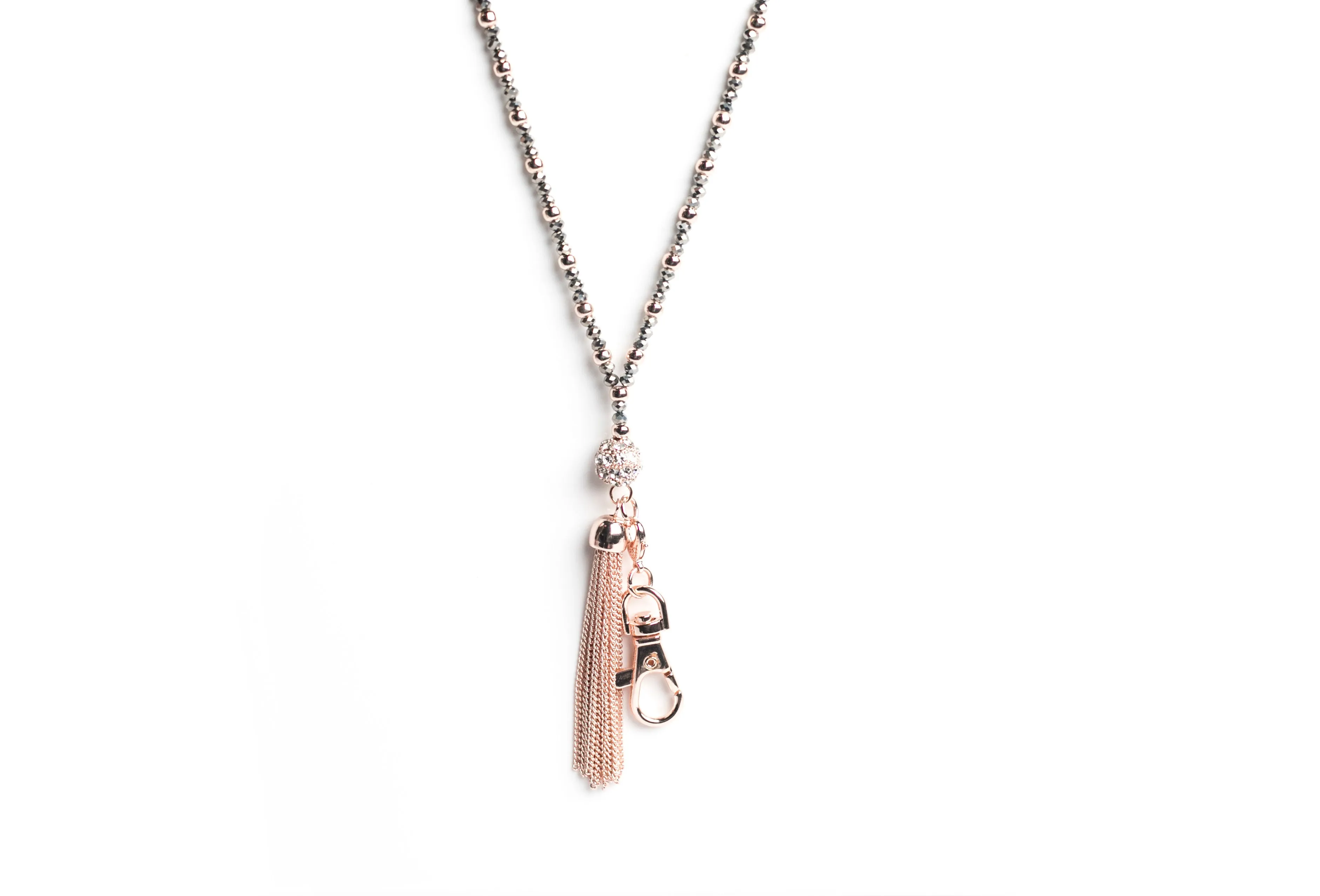Leah Beaded Chain Tassel Lanyard Necklace (Rose Gold)