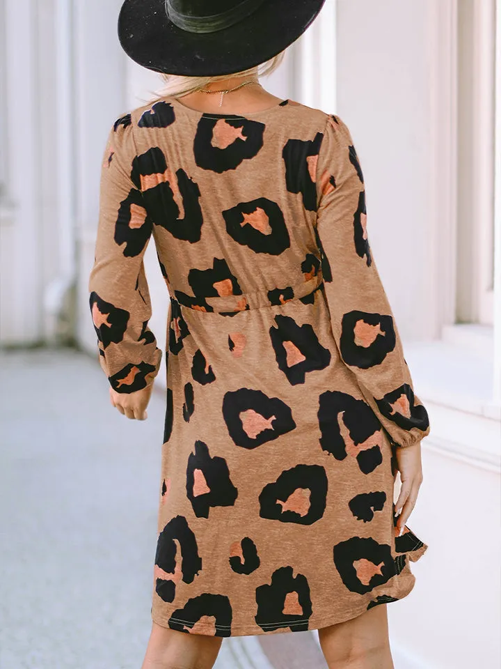 Leopard Printed Round Neck Long Sleeve Button-Up Dress