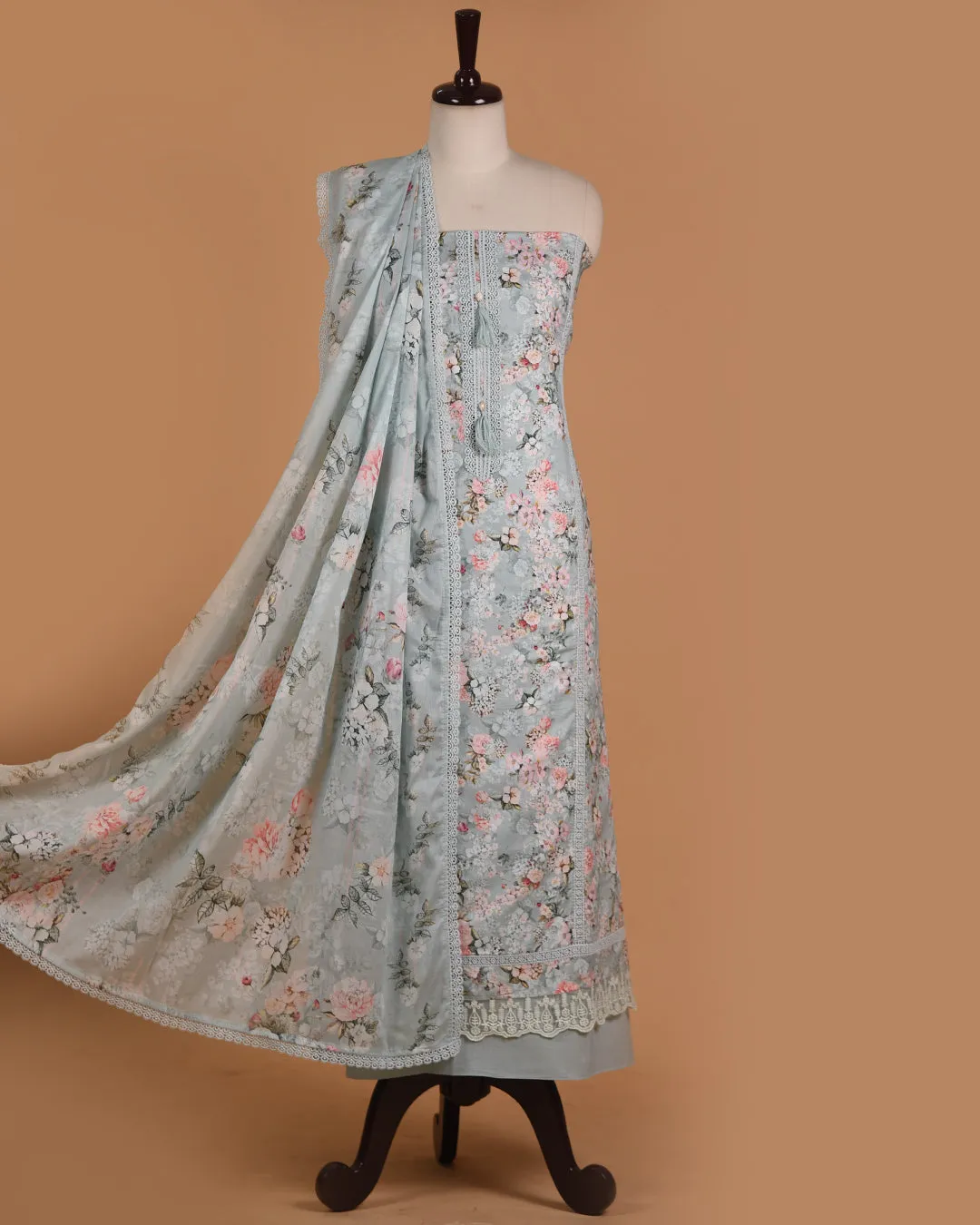 Light Green Cotton Glazed Printed With Embroidery Unstitched Suit Fabric Set WIth Cotton Dupatta