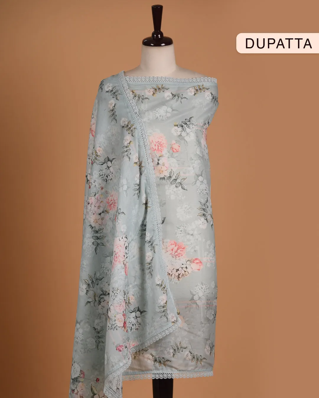 Light Green Cotton Glazed Printed With Embroidery Unstitched Suit Fabric Set WIth Cotton Dupatta