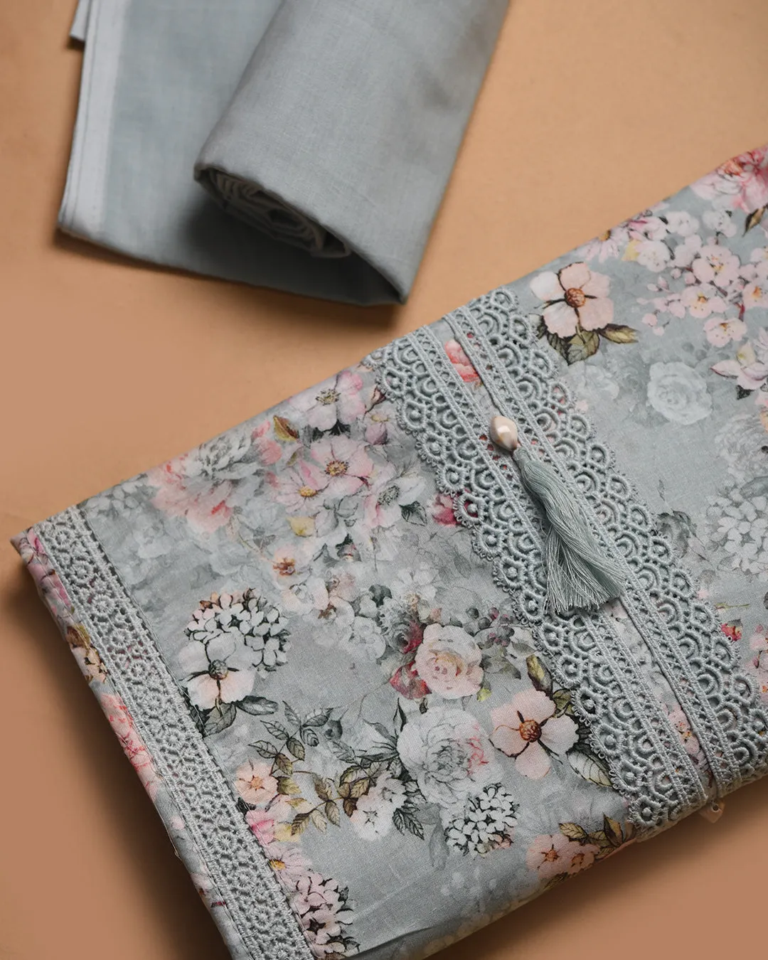 Light Green Cotton Glazed Printed With Embroidery Unstitched Suit Fabric Set WIth Cotton Dupatta