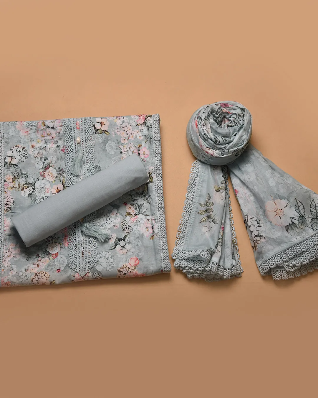 Light Green Cotton Glazed Printed With Embroidery Unstitched Suit Fabric Set WIth Cotton Dupatta