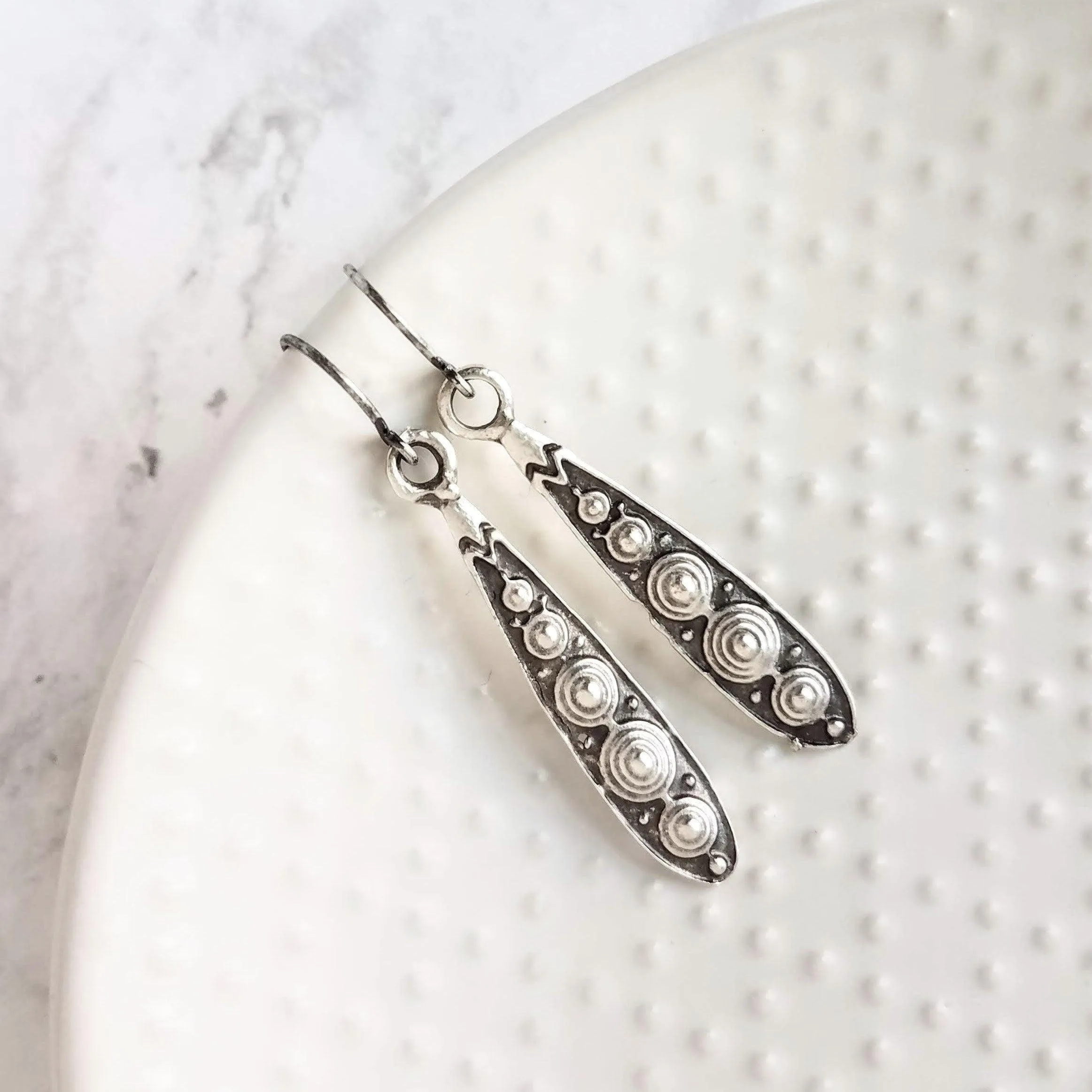 Long Narrow Teardrop Earrings - antique black accent Bali beaded ethnic design - little simple ball dot edge - Boho Bohemian teardrop