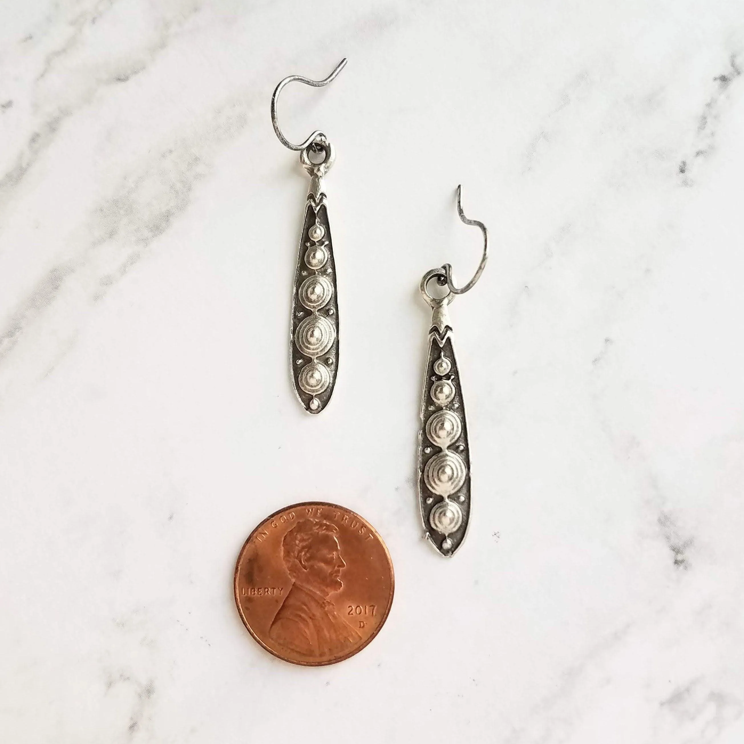 Long Narrow Teardrop Earrings - antique black accent Bali beaded ethnic design - little simple ball dot edge - Boho Bohemian teardrop