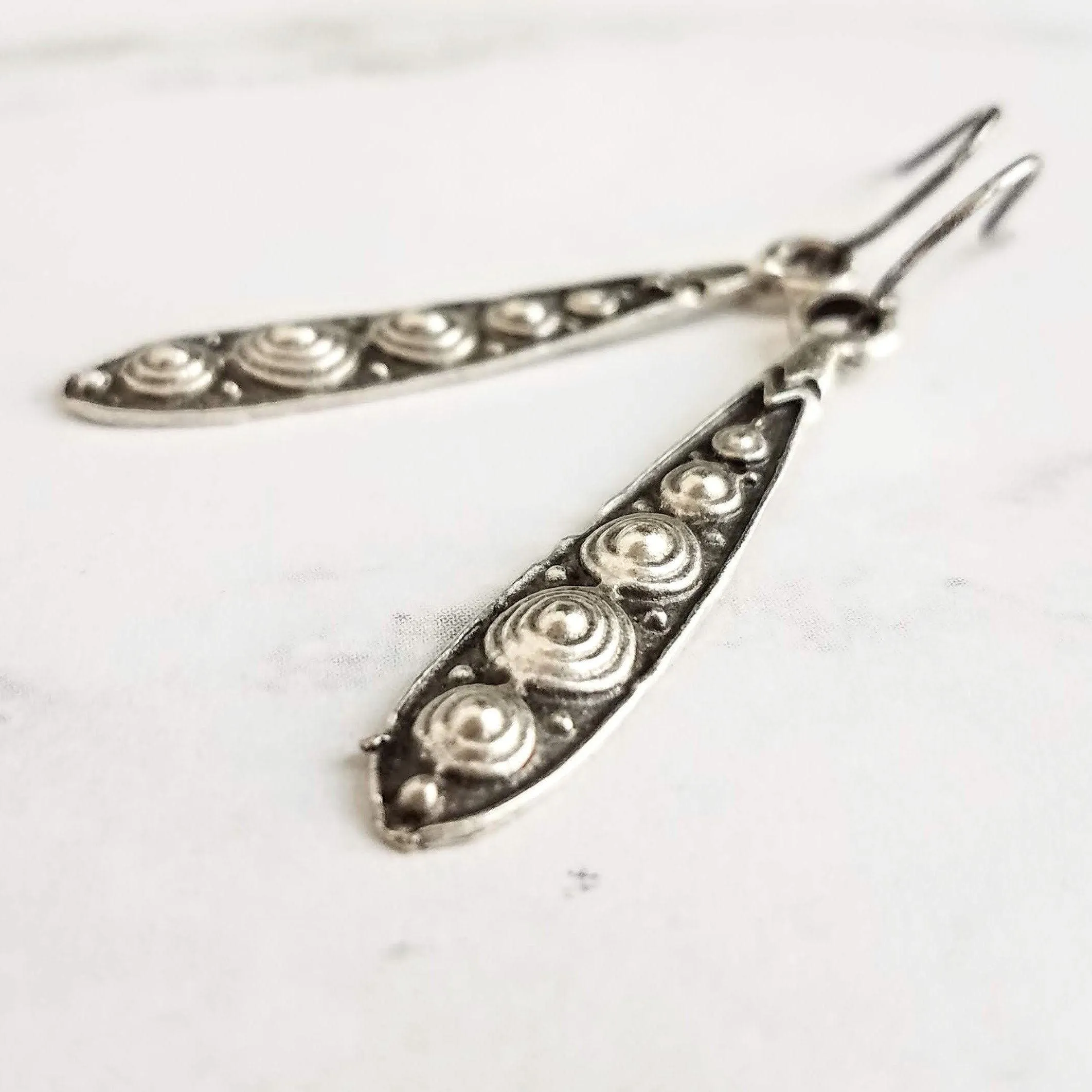 Long Narrow Teardrop Earrings - antique black accent Bali beaded ethnic design - little simple ball dot edge - Boho Bohemian teardrop