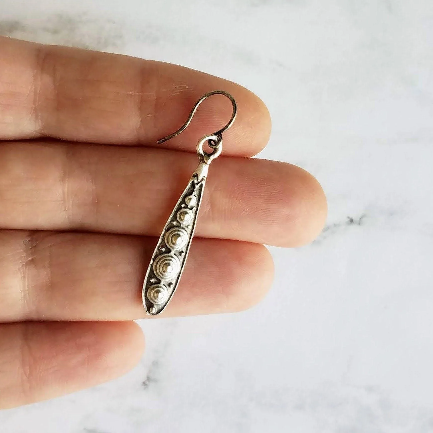 Long Narrow Teardrop Earrings - antique black accent Bali beaded ethnic design - little simple ball dot edge - Boho Bohemian teardrop