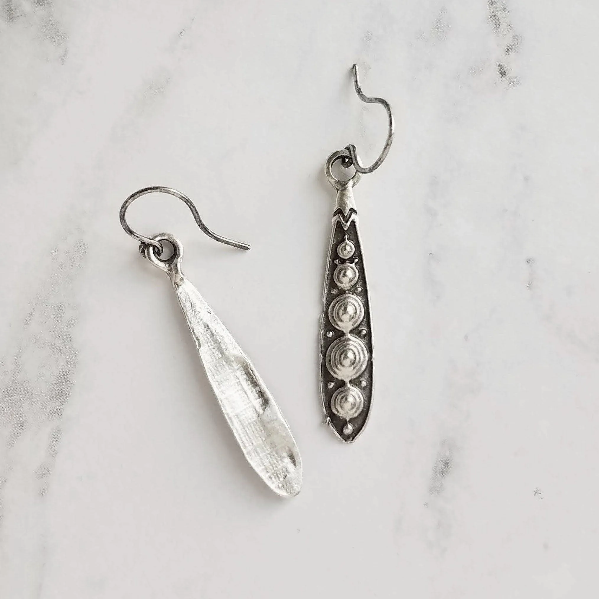 Long Narrow Teardrop Earrings - antique black accent Bali beaded ethnic design - little simple ball dot edge - Boho Bohemian teardrop