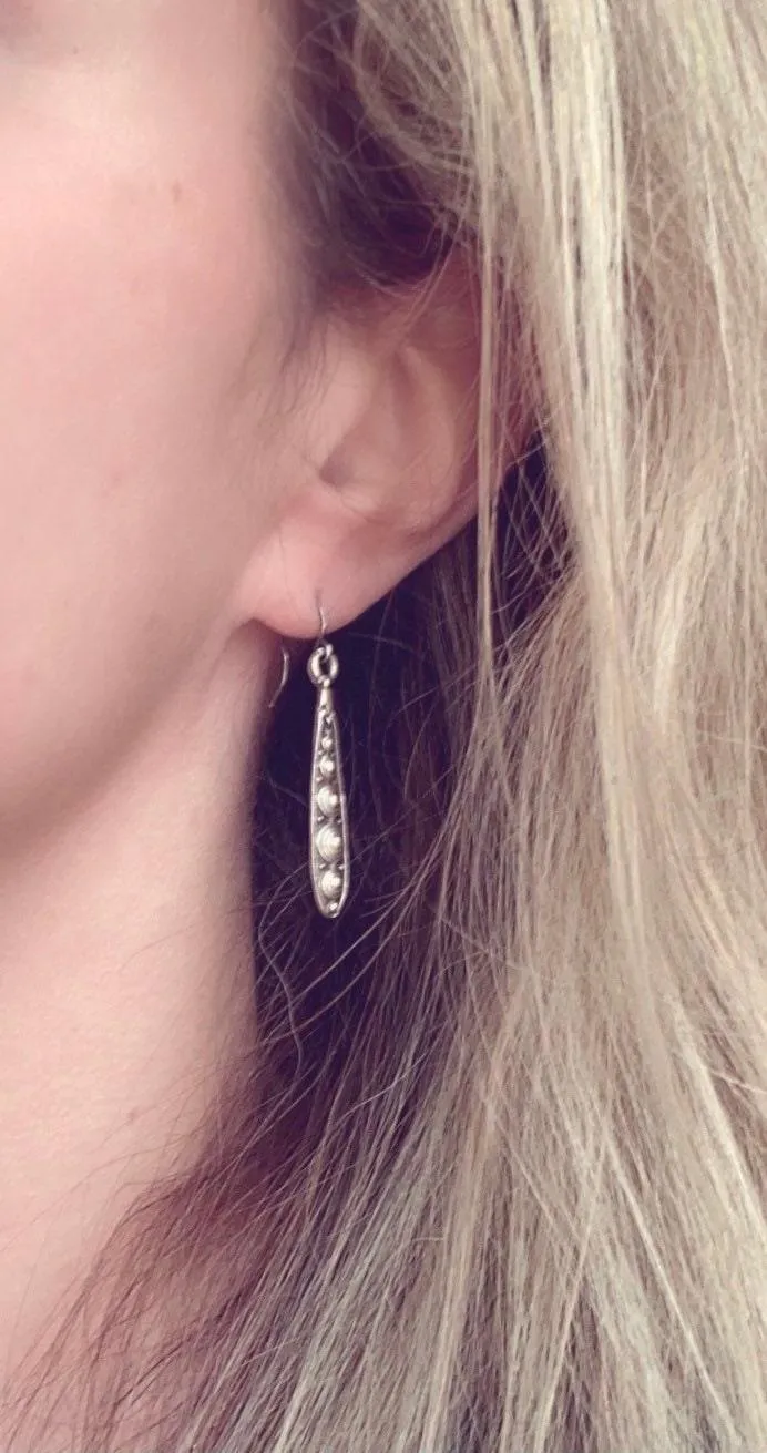 Long Narrow Teardrop Earrings - antique black accent Bali beaded ethnic design - little simple ball dot edge - Boho Bohemian teardrop