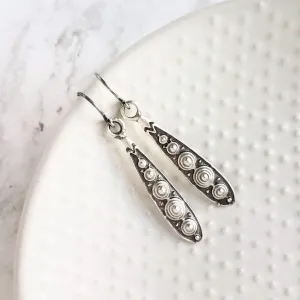 Long Narrow Teardrop Earrings - antique black accent Bali beaded ethnic design - little simple ball dot edge - Boho Bohemian teardrop