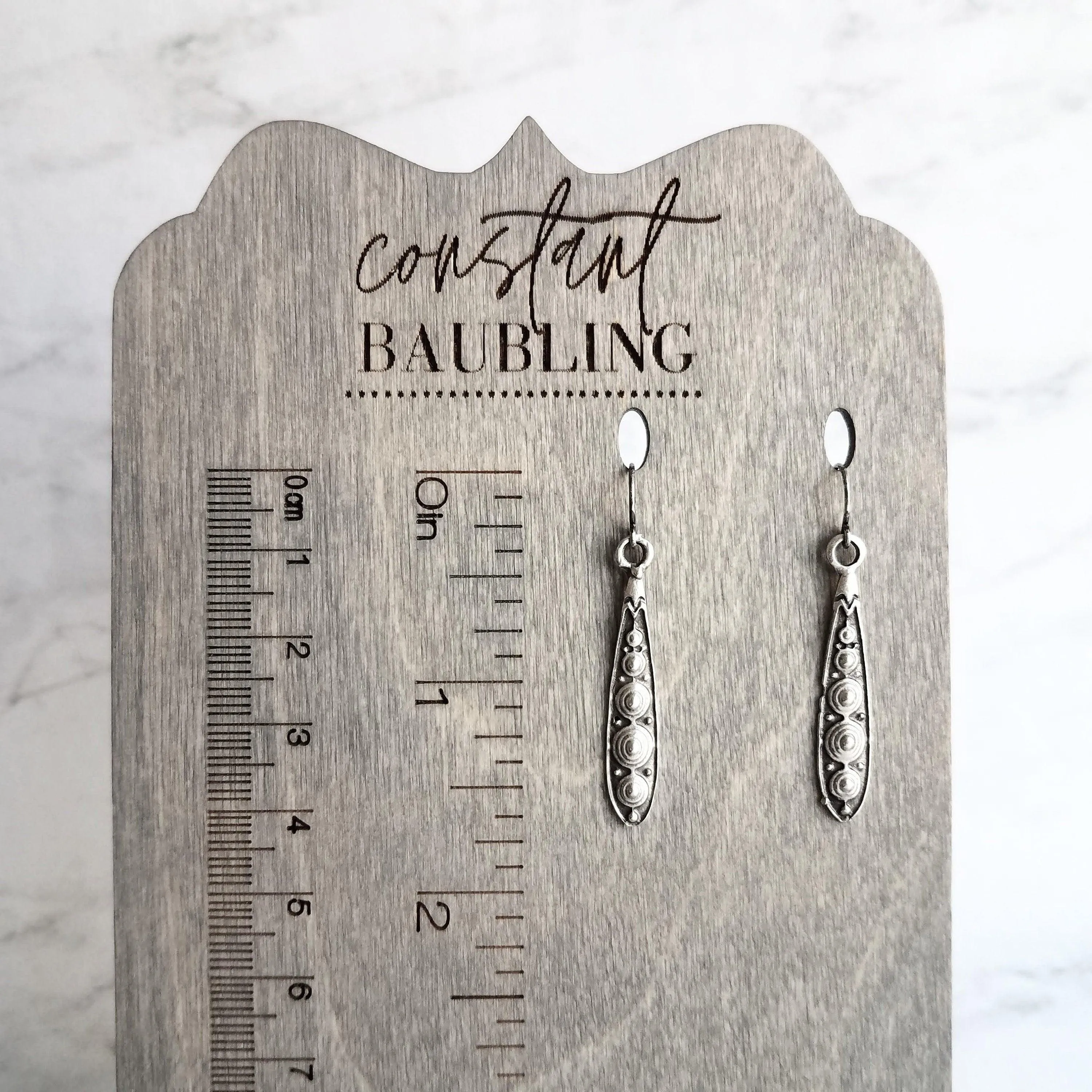 Long Narrow Teardrop Earrings - antique black accent Bali beaded ethnic design - little simple ball dot edge - Boho Bohemian teardrop