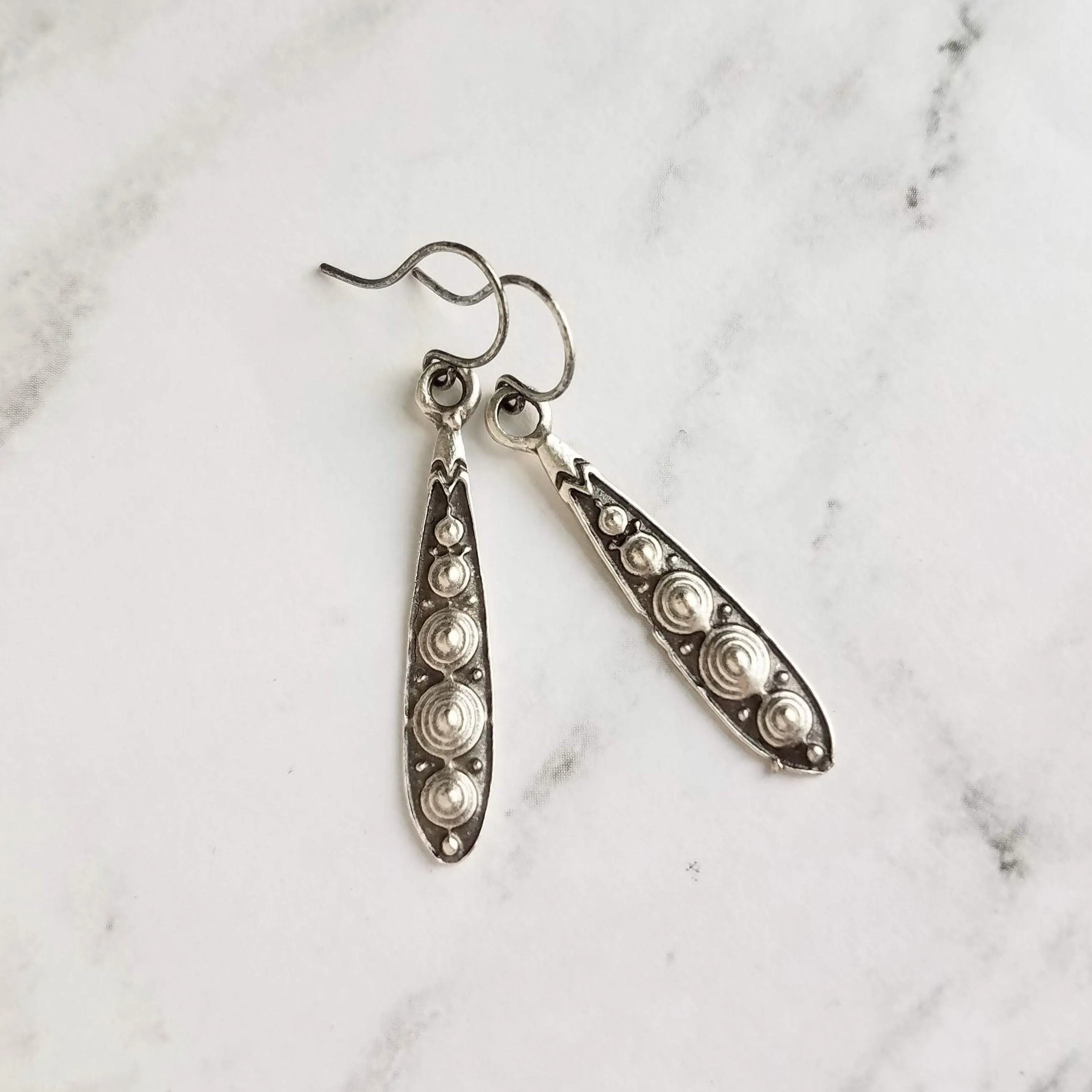 Long Narrow Teardrop Earrings - antique black accent Bali beaded ethnic design - little simple ball dot edge - Boho Bohemian teardrop
