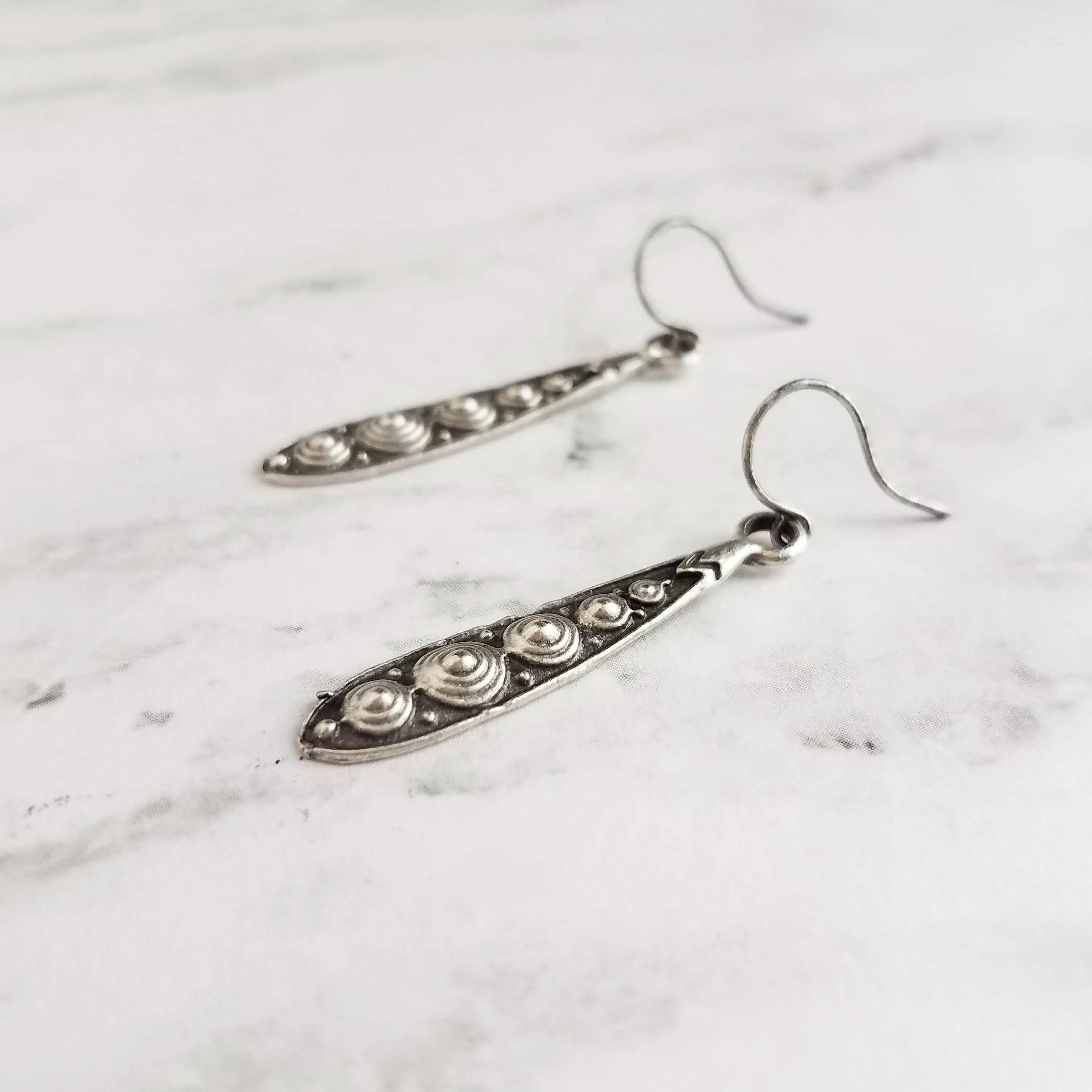 Long Narrow Teardrop Earrings - antique black accent Bali beaded ethnic design - little simple ball dot edge - Boho Bohemian teardrop