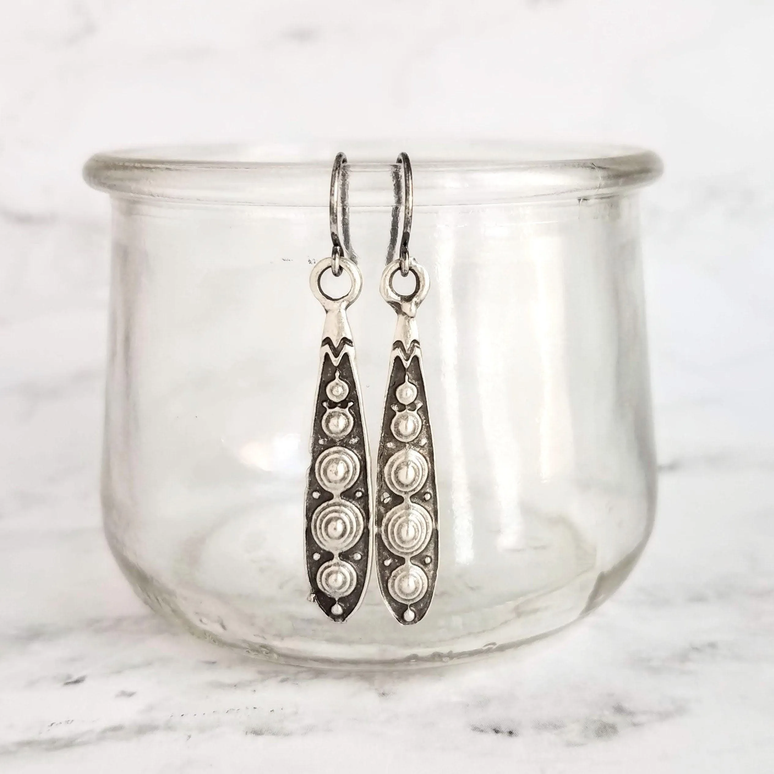 Long Narrow Teardrop Earrings - antique black accent Bali beaded ethnic design - little simple ball dot edge - Boho Bohemian teardrop