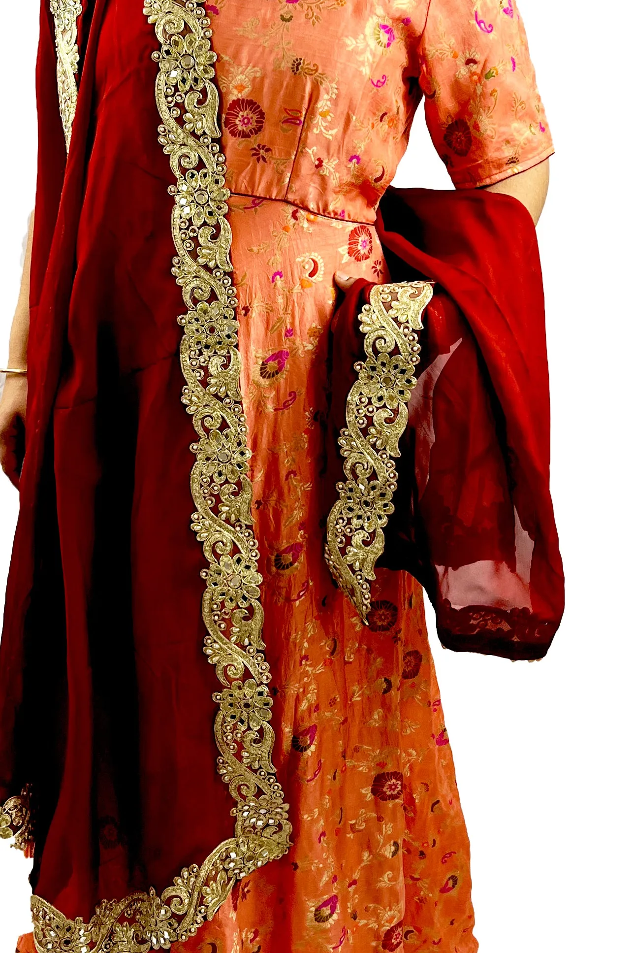 Long Peach Dress Silk Dress, Partywear Floor Length Dress with Velvet Stole