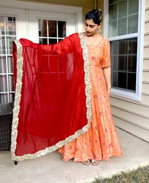 Long Peach Dress Silk Dress, Partywear Floor Length Dress with Velvet Stole