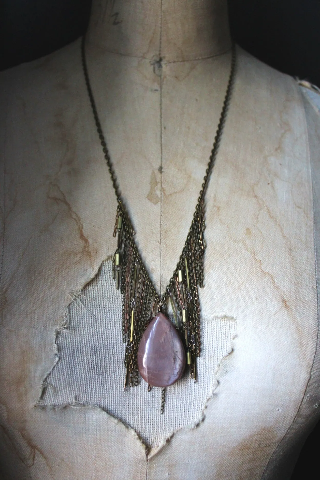 Luminary II. Peach Moonstone & Brass Fringe Necklace.