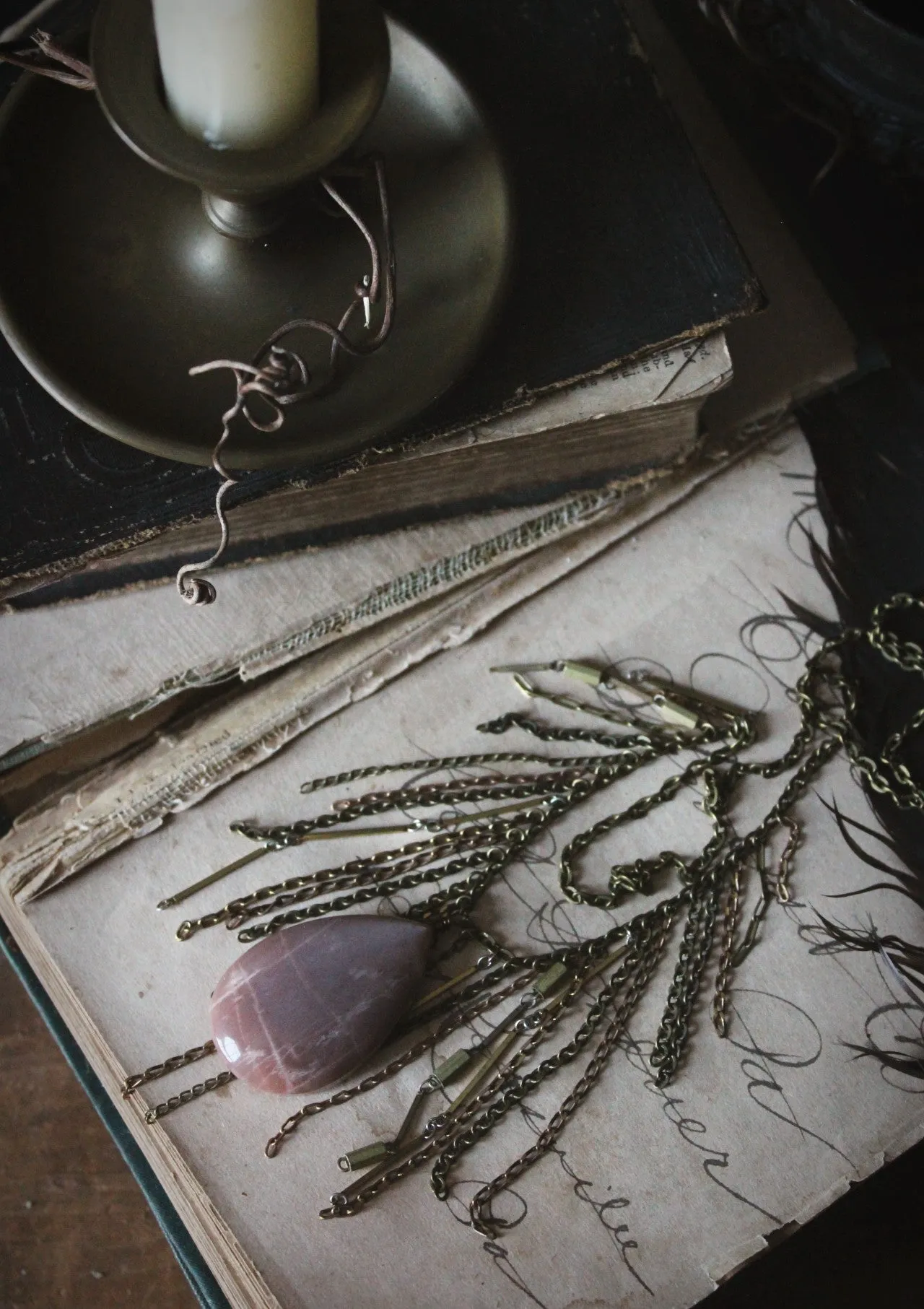 Luminary II. Peach Moonstone & Brass Fringe Necklace.