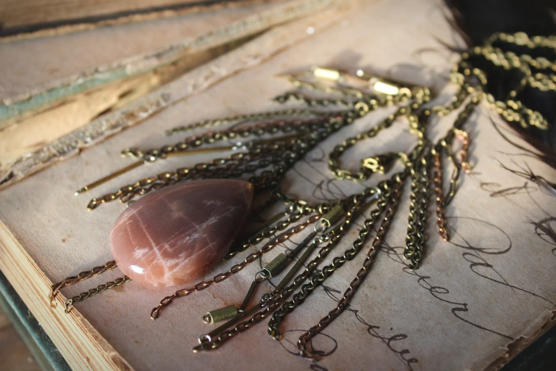 Luminary II. Peach Moonstone & Brass Fringe Necklace.