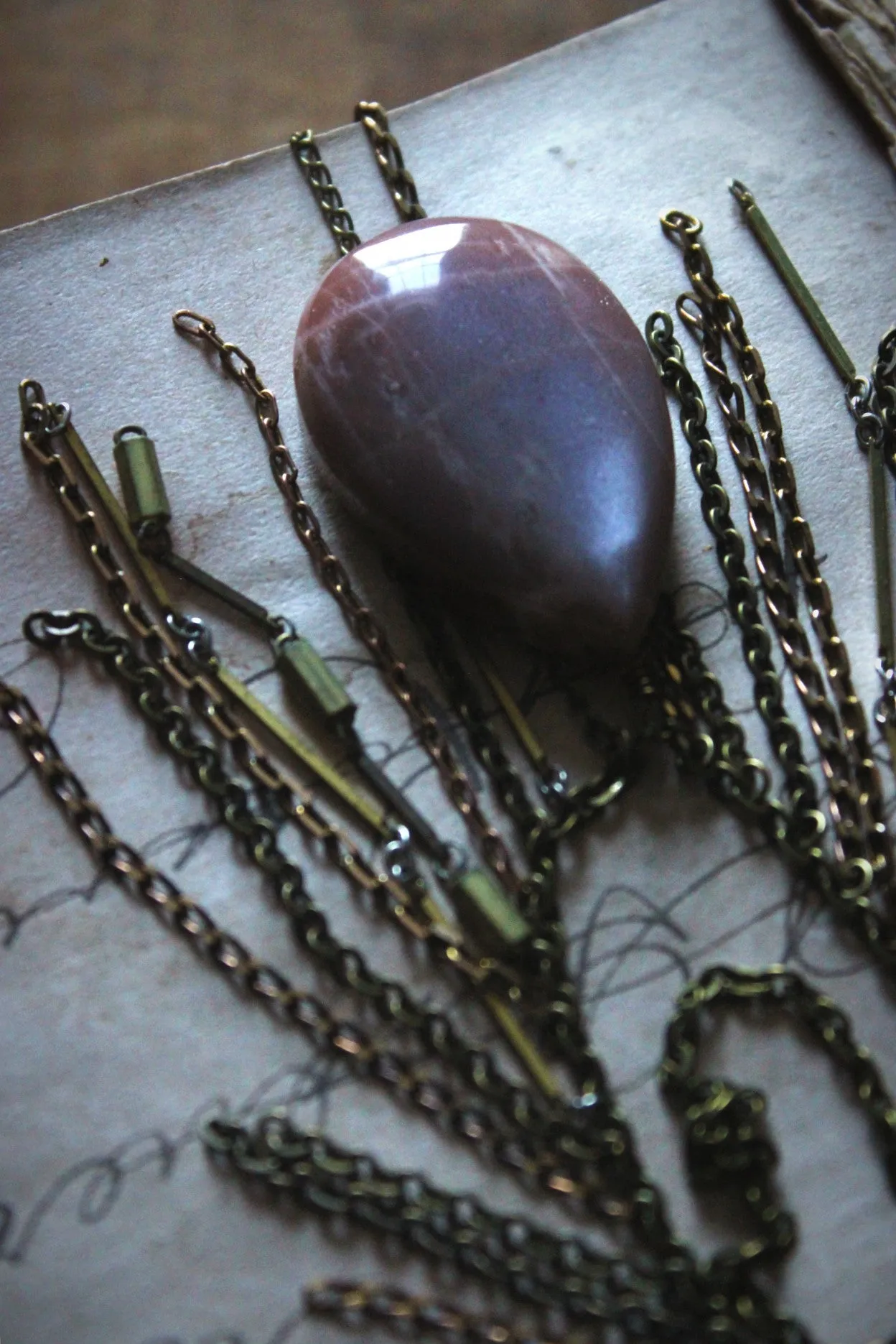 Luminary II. Peach Moonstone & Brass Fringe Necklace.