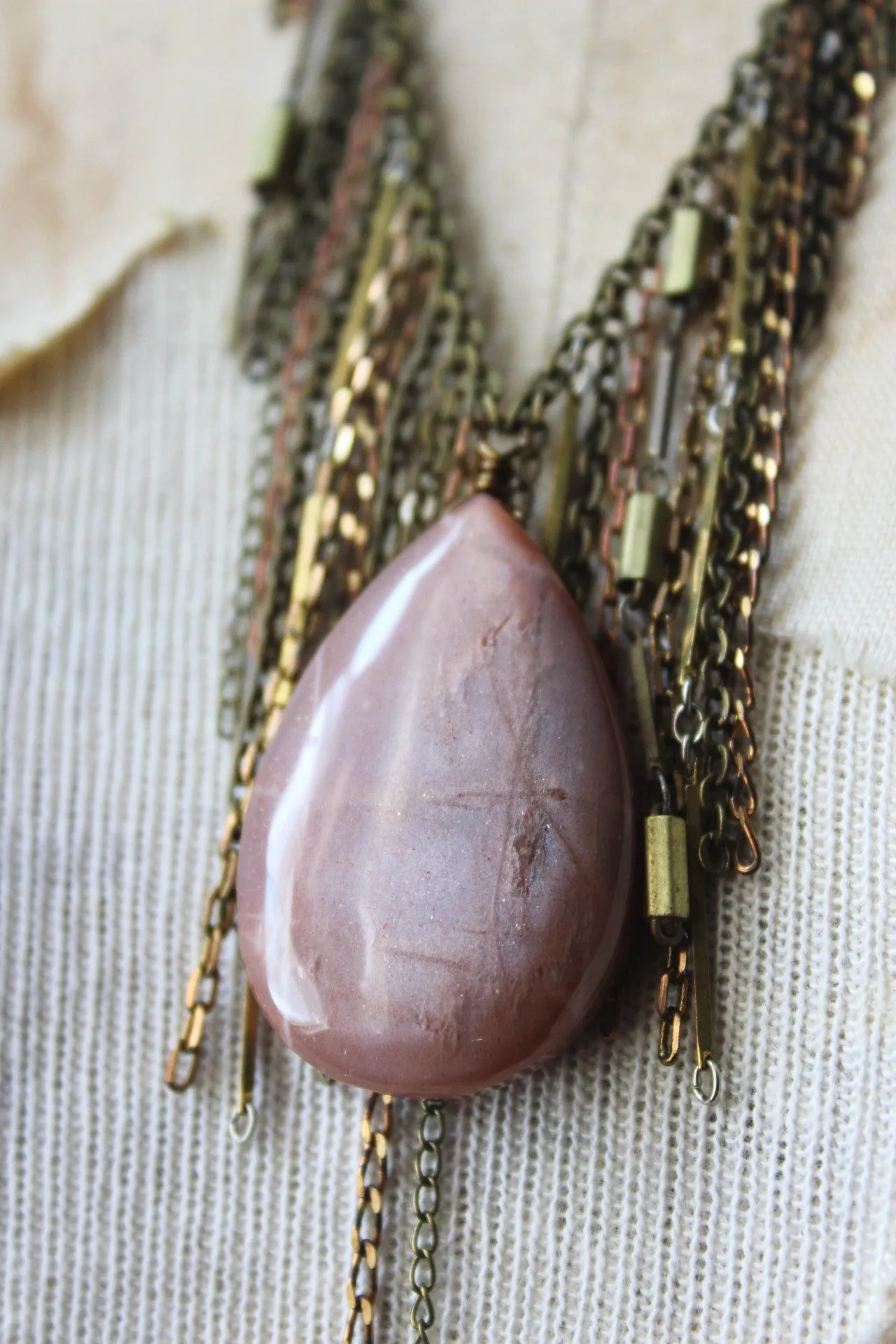 Luminary II. Peach Moonstone & Brass Fringe Necklace.