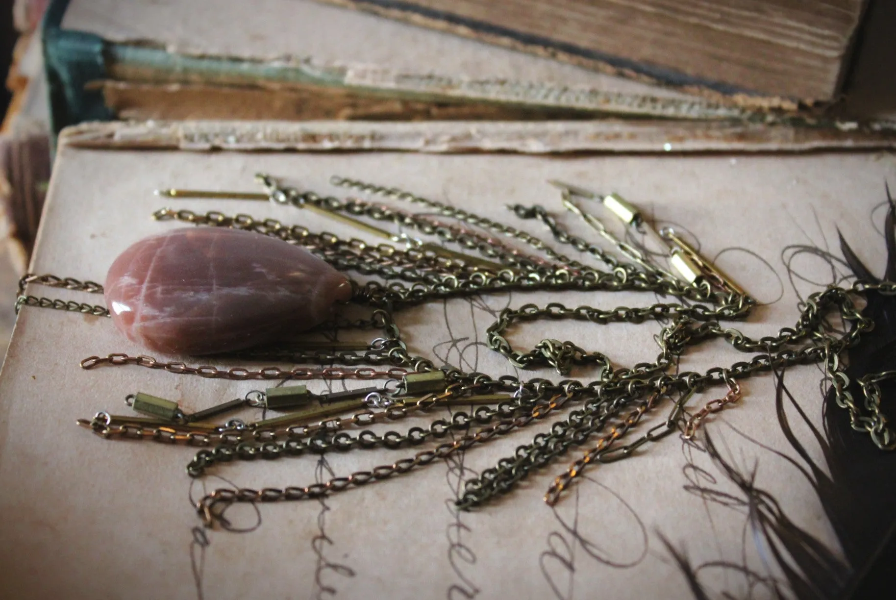 Luminary II. Peach Moonstone & Brass Fringe Necklace.