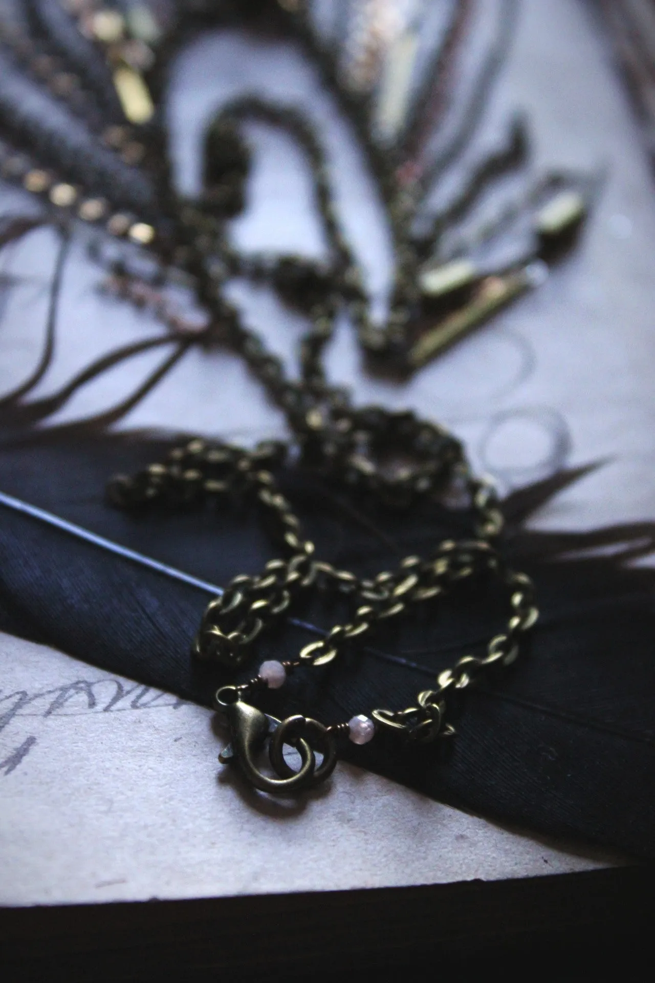 Luminary II. Peach Moonstone & Brass Fringe Necklace.