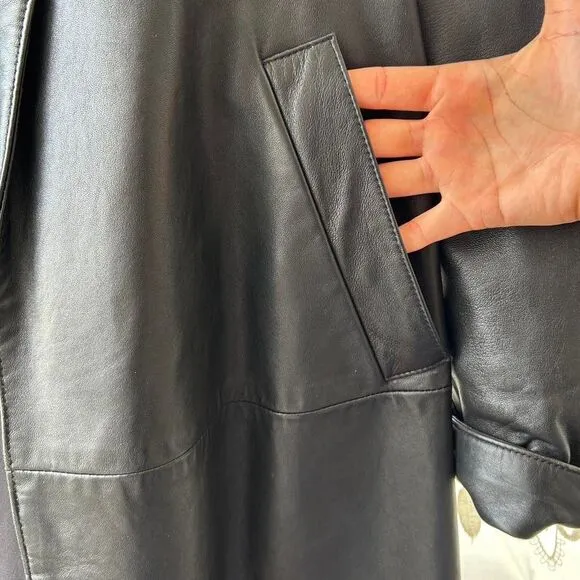Made in USA Vtg Vakko Long Black Leather Midi Blazer Jacket XS Small Womens