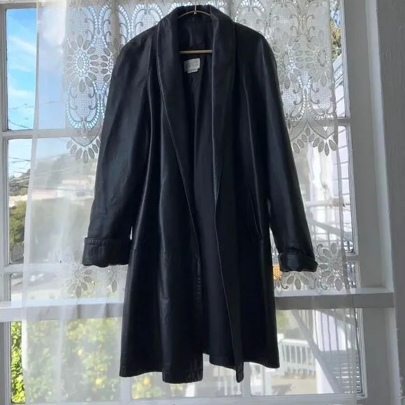 Made in USA Vtg Vakko Long Black Leather Midi Blazer Jacket XS Small Womens