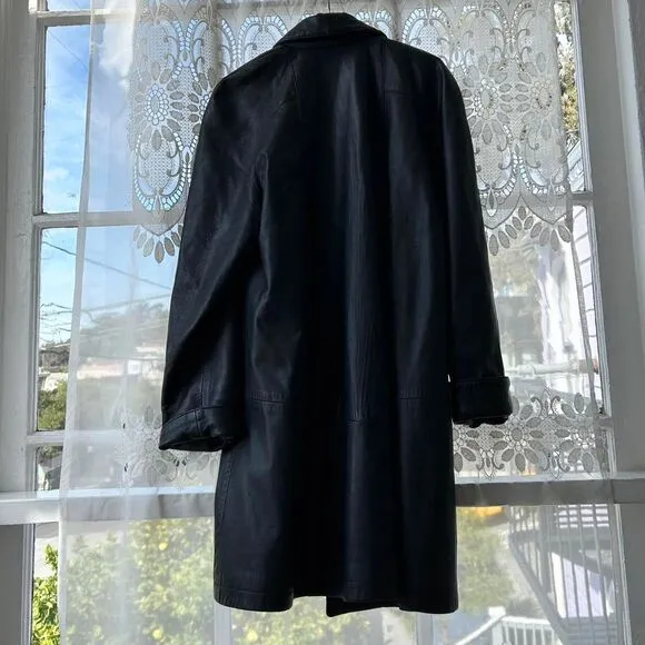 Made in USA Vtg Vakko Long Black Leather Midi Blazer Jacket XS Small Womens