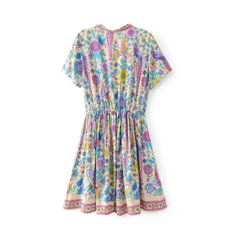 MARYANNE Peacock Floral Bohemian Mini Dress